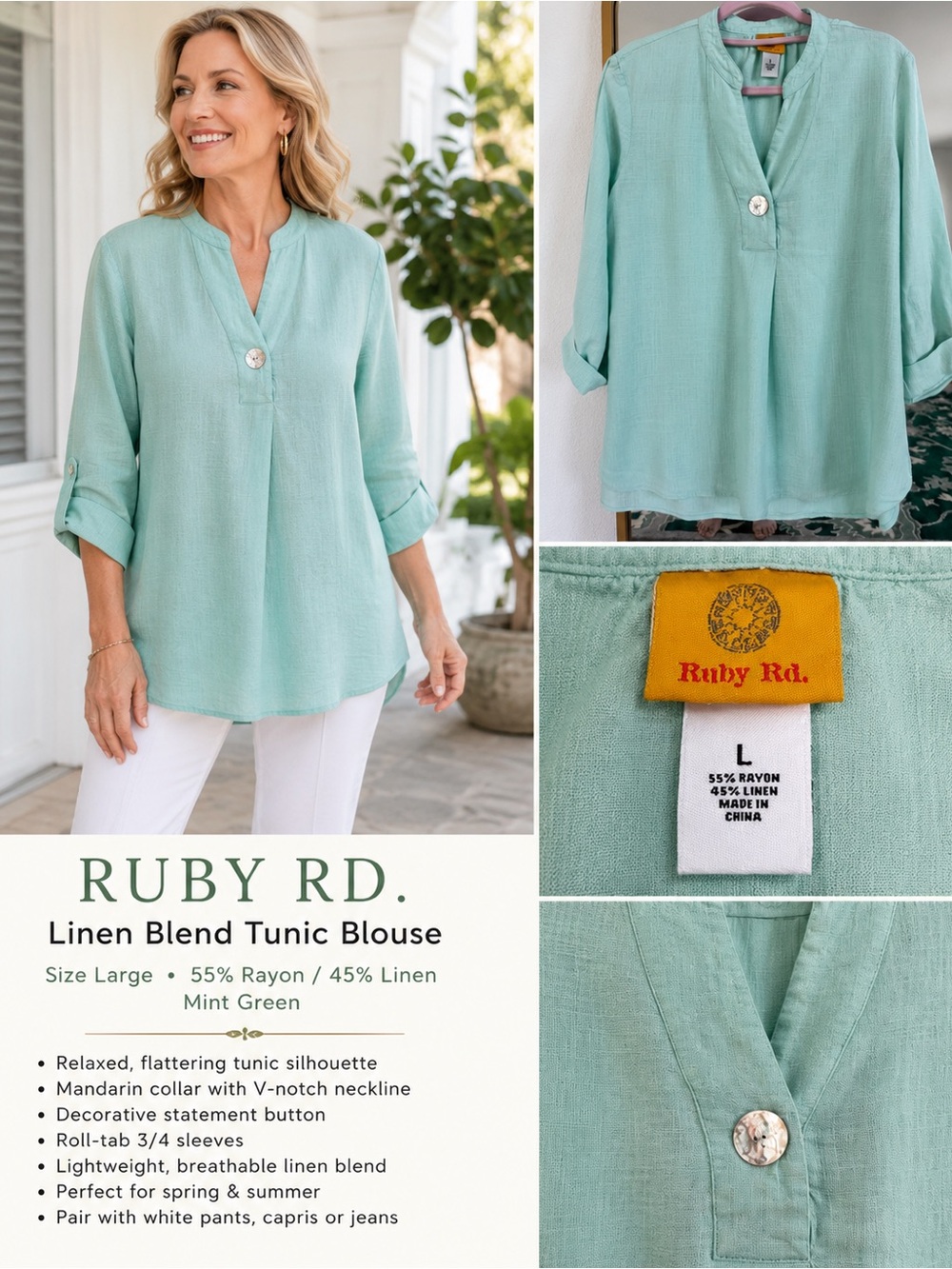 Ruby Rd. Mint Green Linen-Blend Tunic Blouse L
